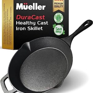 Mueller Pre-Seasoned Heavy-Duty Healthy Cast Iron Skillet 10-inch, Cast Iron Pan, Dual Handles & Dual Pouring Lips, Safe across All Cooktops, Oven, BBQ, or Campfire