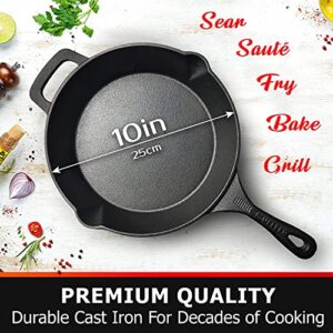 Mueller Pre-Seasoned Heavy-Duty Healthy Cast Iron Skillet 10-inch, Cast Iron Pan, Dual Handles & Dual Pouring Lips, Safe across All Cooktops, Oven, BBQ, or Campfire