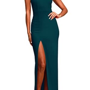 PRETTYGARDEN Women's Summer Formal Wedding Guest Dresses One Shoulder Spaghetti Strap High Slit Maxi Bodycon Dress (Cyan,Small)