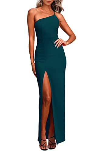 PRETTYGARDEN Women's Summer Formal Wedding Guest Dresses One Shoulder Spaghetti Strap High Slit Maxi Bodycon Dress (Cyan,Small)