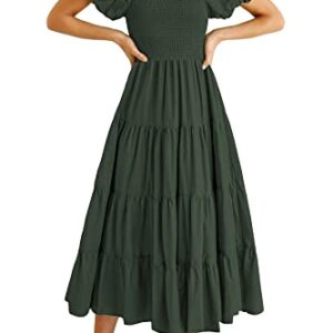 PRETTYGARDEN Women's Casual Summer Midi Dress Puffy Short Sleeve Square Neck Smocked Tiered Ruffle Dresses (Army Green,Medium)