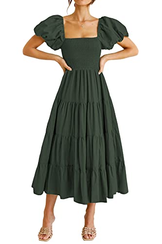 PRETTYGARDEN Women's Casual Summer Midi Dress Puffy Short Sleeve Square Neck Smocked Tiered Ruffle Dresses (Army Green,Medium)