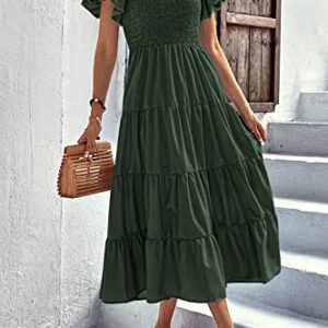 PRETTYGARDEN Women's Casual Summer Midi Dress Puffy Short Sleeve Square Neck Smocked Tiered Ruffle Dresses (Army Green,Medium)