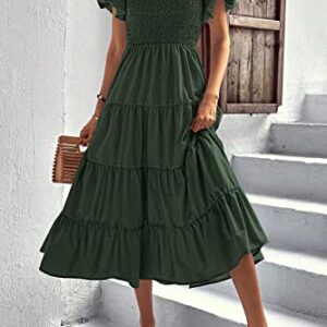 PRETTYGARDEN Women's Casual Summer Midi Dress Puffy Short Sleeve Square Neck Smocked Tiered Ruffle Dresses (Army Green,Medium)