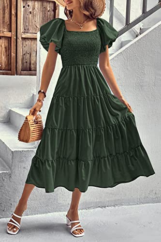 PRETTYGARDEN Women's Casual Summer Midi Dress Puffy Short Sleeve Square Neck Smocked Tiered Ruffle Dresses (Army Green,Medium)