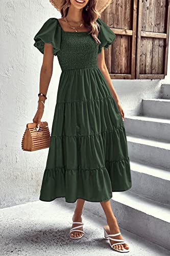 PRETTYGARDEN Women's Casual Summer Midi Dress Puffy Short Sleeve Square Neck Smocked Tiered Ruffle Dresses (Army Green,Medium)