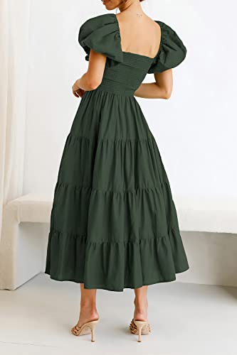 PRETTYGARDEN Women's Casual Summer Midi Dress Puffy Short Sleeve Square Neck Smocked Tiered Ruffle Dresses (Army Green,Medium)