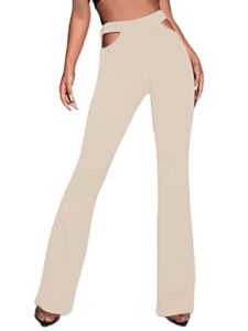 avanova women's cutout high waist flare leg sexy party bootcut long pants beige 05 x-large
