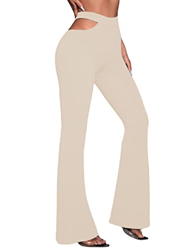 Avanova Women's Cutout High Waist Flare Leg Sexy Party Bootcut Long Pants Beige 05 X-Large