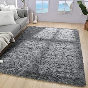 soft grey rug for living room, washable 4'x6' fluffy shag area rug for bedroom office nursery room, gray throw shaggy furry carpet rectangle faux fur plush rugs for beside teen room home décor