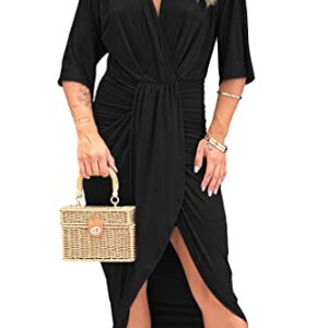 PRETTYGARDEN Women's 2023 Summer Ruched Bodycon Dress Short Sleeve Twist Front V Neck Split Wrap Midi Dresses (Black,Large)