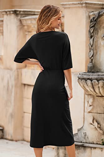 PRETTYGARDEN Women's 2023 Summer Ruched Bodycon Dress Short Sleeve Twist Front V Neck Split Wrap Midi Dresses (Black,Large)