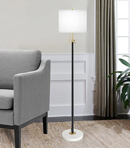 Floor Lamp for Living Room Adjustable Tall Standing Lamp, 3-Way Dimmable Floor Lamp for Bedroom Office, Black Gold Lamp with Marble Base and White Linen Shade, 6W 3000K LED Blub Included