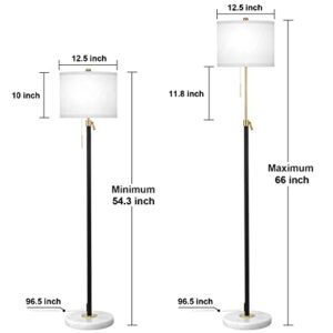 Floor Lamp for Living Room Adjustable Tall Standing Lamp, 3-Way Dimmable Floor Lamp for Bedroom Office, Black Gold Lamp with Marble Base and White Linen Shade, 6W 3000K LED Blub Included