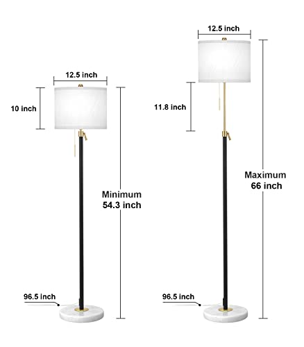 Floor Lamp for Living Room Adjustable Tall Standing Lamp, 3-Way Dimmable Floor Lamp for Bedroom Office, Black Gold Lamp with Marble Base and White Linen Shade, 6W 3000K LED Blub Included