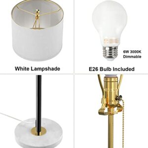 Floor Lamp for Living Room Adjustable Tall Standing Lamp, 3-Way Dimmable Floor Lamp for Bedroom Office, Black Gold Lamp with Marble Base and White Linen Shade, 6W 3000K LED Blub Included