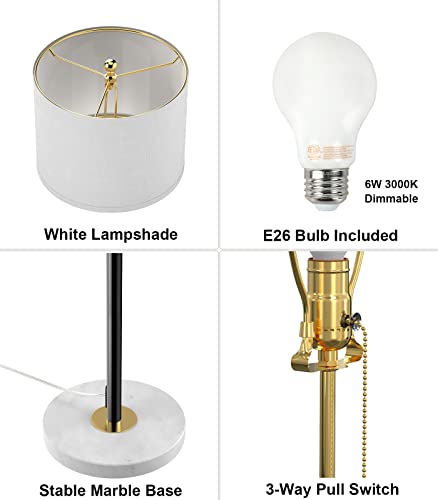 Floor Lamp for Living Room Adjustable Tall Standing Lamp, 3-Way Dimmable Floor Lamp for Bedroom Office, Black Gold Lamp with Marble Base and White Linen Shade, 6W 3000K LED Blub Included