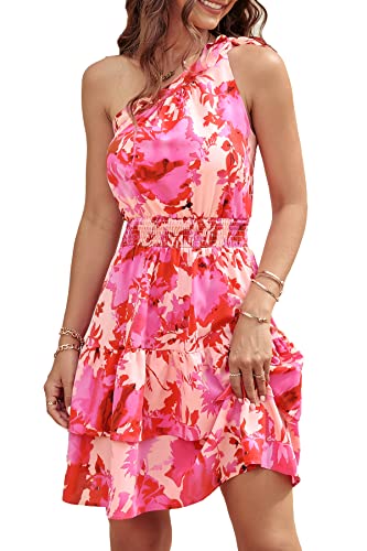 PRETTYGARDEN Women's Summer Tie One Shoulder Boho Floral Dress Elastic Waist Tiered Ruffle A Line Flowy Mini Dresses (Print Pink,Medium)