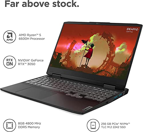 Lenovo IdeaPad 3 Gaming Laptop, NVIDIA GeForce RTX 3050, AMD Ryzen 5 6600H(Beat i5-12400F), 16GB DDR5 RAM, 1TB SSD, 15.6 Inch FHD Display, Wi-Fi, Windows 11 Home, Bundle with JAWFOAL