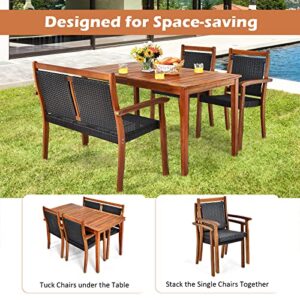 Tangkula 4 Pieces Patio Dining Set for 4, Patiojoy Space-Saving Outdoor Acacia Wood Dining Table and PE Rattan Chairs Set with 1.9” Umbrella Hole, for Garden, Backyard, Deck, Poolside, Balcony