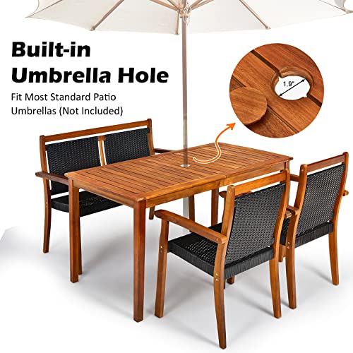 Tangkula 4 Pieces Patio Dining Set for 4, Patiojoy Space-Saving Outdoor Acacia Wood Dining Table and PE Rattan Chairs Set with 1.9” Umbrella Hole, for Garden, Backyard, Deck, Poolside, Balcony