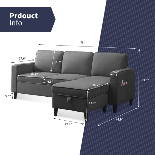 ZAFLY Convertible Modular L Shape Sofa with Storage Ottoman Sets 3-Seat Sectional Couch for Small Space Living Room Bedroom