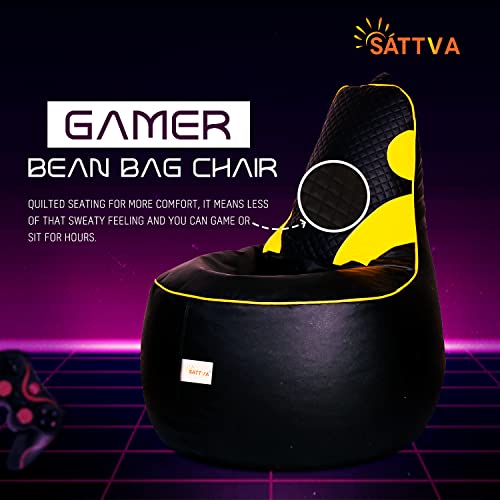 SATTVA 3.5Ft Faux Leather Gaming Bean Bag Chair for Adults - Big Bean Bag Covers Only (No Filling), Love Sack Bean Bag, Ultra Soft Zipper, for Dorm & Family Room_Black & Yellow