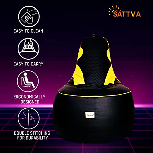 SATTVA 3.5Ft Faux Leather Gaming Bean Bag Chair for Adults - Big Bean Bag Covers Only (No Filling), Love Sack Bean Bag, Ultra Soft Zipper, for Dorm & Family Room_Black & Yellow