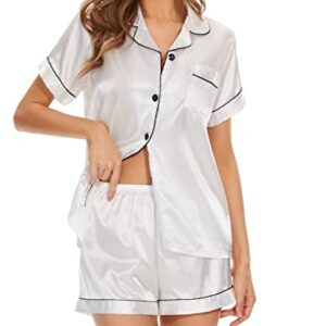 QLVKYW Womens Satin Pajama Shorts Set Silky 2 Piece Short-Sleeve Pjs Tops Button-front Lounge Wear With Casual Collar White