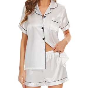 QLVKYW Womens Satin Pajama Shorts Set Silky 2 Piece Short-Sleeve Pjs Tops Button-front Lounge Wear With Casual Collar White