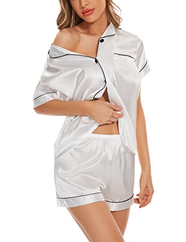 QLVKYW Womens Satin Pajama Shorts Set Silky 2 Piece Short-Sleeve Pjs Tops Button-front Lounge Wear With Casual Collar White