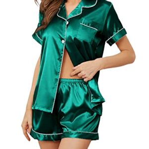 QLVKYW Women's Loungewear Sets Silk Sexy V Neck Button Down Satin Bridal Sleepwear Soft Shorts Pajama Set Green