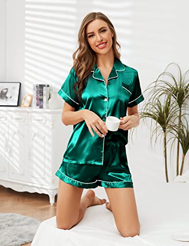 QLVKYW Women's Loungewear Sets Silk Sexy V Neck Button Down Satin Bridal Sleepwear Soft Shorts Pajama Set Green