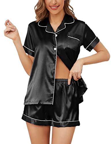 QLVKYW Pajamas for Women Shorts Set Top and Pants Silk Pj Set Satin Loose Fit Sleepwear for Sleeping Lounging Black