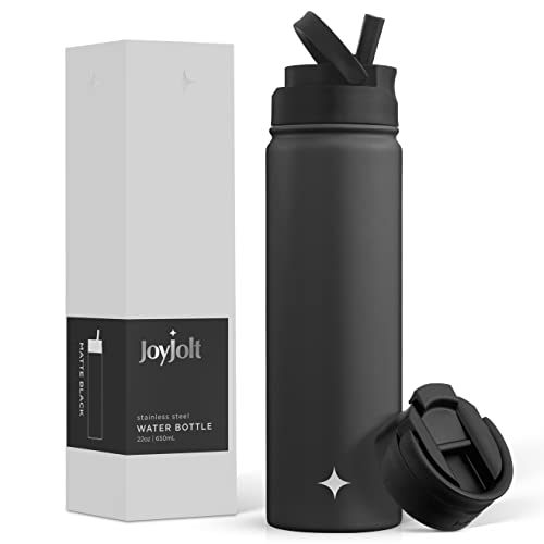 JoyJolt Triple Insulated Water Bottle with Straw Lid AND Flip Lid! 22oz Water Bottle, 12 Hour Hot/Cold Vacuum Insulated Stainless Steel Water Bottle. BPA-Free Leakproof Water Bottles - Thermos Bottle