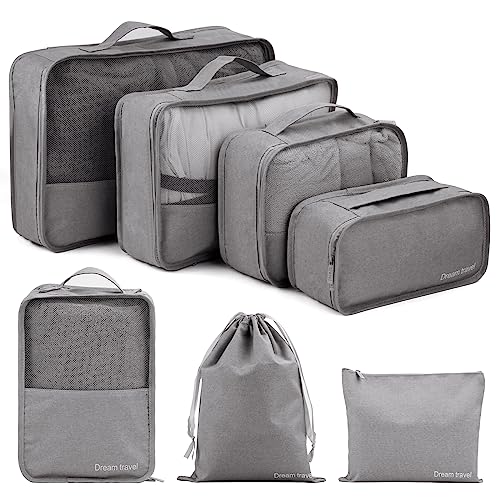 7 Set Packing Cubes for Suitcases, DEWEL Travel Luggage Packing Organizers with Shoe Bag, Laundry Bag, Clothing Underwear Bag, Luggage Organizer Bags for Travel Accessories(Grey)