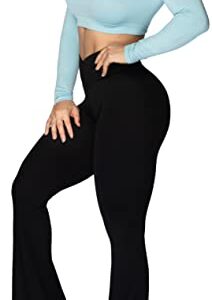 Sunzel Flare Leggings, Crossover Yoga Pants for Women with Tummy Control, High-Waisted and Wide Leg Black