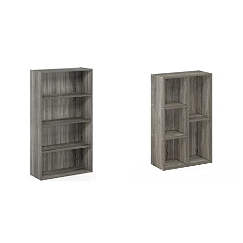 Furinno Pasir 4 Tier Open Shelf, French Oak Grey & Luder 5-Cube No Tool Assembly Open Shelf, French Oak