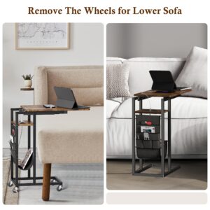 Colima C Shaped Slide Cover End Table with Charging Station, Narrow Sofa Side Table with USB Port and Wheels, Couch Table with Wheels, Storage Bag for Living Room Bedroom