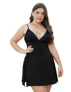 queenfox plus size babydoll lingerie for women sexy nightgowns side slit sleepwear v-neck babydoll dress lace chemise black 3xl
