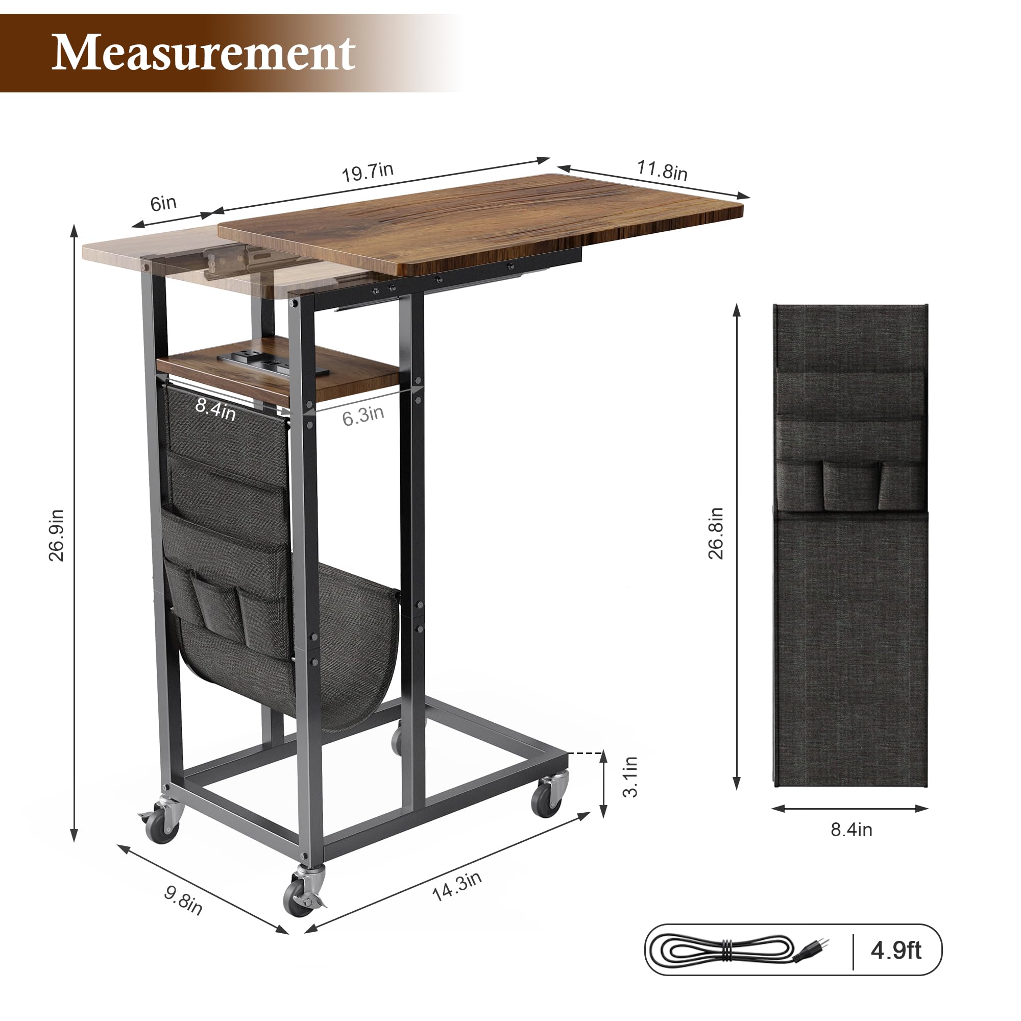 Colima C Shaped Slide Cover End Table with Charging Station, Narrow Sofa Side Table with USB Port and Wheels, Couch Table with Wheels, Storage Bag for Living Room Bedroom