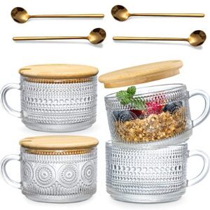4pcs set vintage coffee mugs, overnight oats containers with bamboo lids and spoons - 14oz clear embossed glass cups, cute coffee bar accessories, iced coffee glasses, ideal for cappuccino, tea, latte