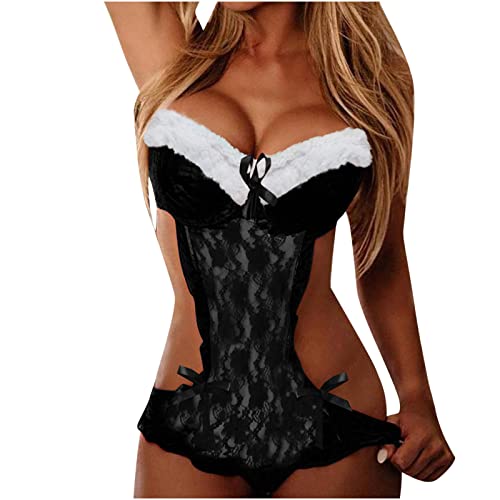 Womens Christmas Plush Lingerie Sexy Snap Crotch Bodysuit for Sex Naughty Play Cute Bowknit Corset Mesh See Through Babydoll Black