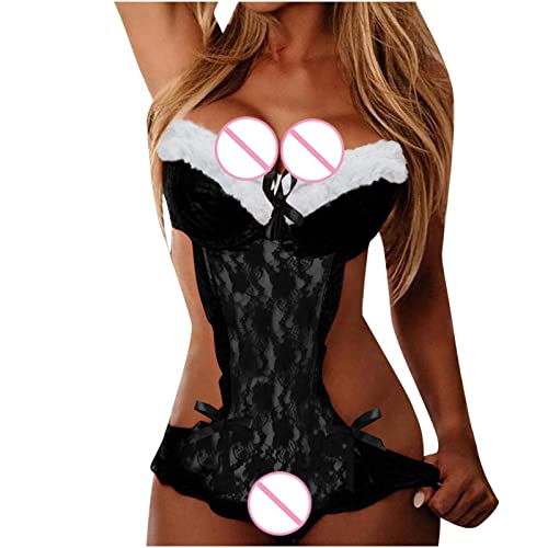 Womens Christmas Plush Lingerie Sexy Snap Crotch Bodysuit for Sex Naughty Play Cute Bowknit Corset Mesh See Through Babydoll Black