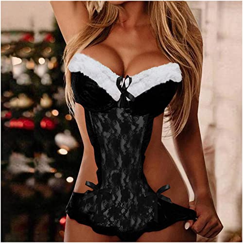 Womens Christmas Plush Lingerie Sexy Snap Crotch Bodysuit for Sex Naughty Play Cute Bowknit Corset Mesh See Through Babydoll Black