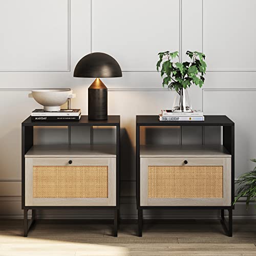 Nathan James Mina Rattan Wood End Side Accent Table with Storage for Living Room or Bedroom, Set of 2, Black Oak/Black