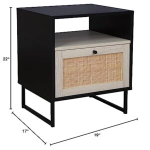 Nathan James Mina Rattan Wood End Side Accent Table with Storage for Living Room or Bedroom, Set of 2, Black Oak/Black