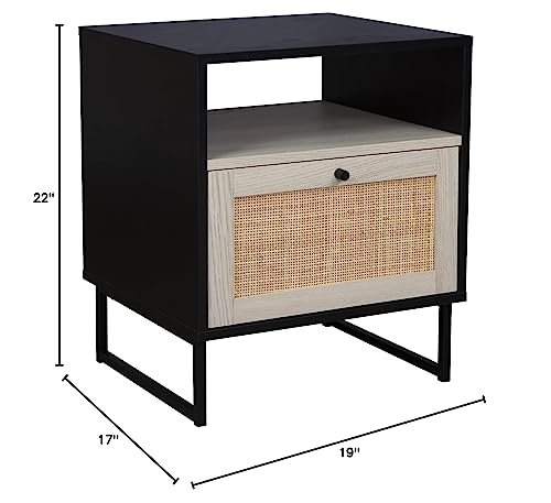 Nathan James Mina Rattan Wood End Side Accent Table with Storage for Living Room or Bedroom, Set of 2, Black Oak/Black