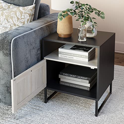 Nathan James Mina Rattan Wood End Side Accent Table with Storage for Living Room or Bedroom, Set of 2, Black Oak/Black