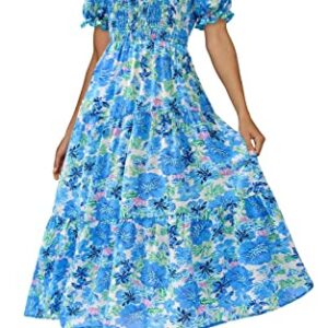 PRETTYGARDEN Women's Summer Puff Sleeve Floral Maxi Dress Square Neck Smocked Boho Flowy A Line Casual Beach Long Dresses (Big Floral White and Blue,Large)